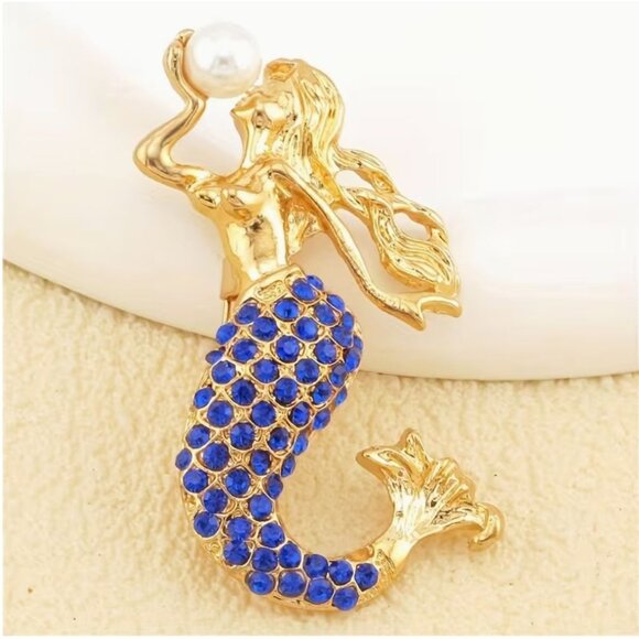 Betsey Johnson Blue Crystal Mermaid Brooch Gold Tone - Picture 1 of 2